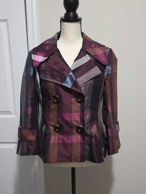 Yoana Baraschi Metallic Plaid Double Breasted Crop Coat Jacket Sz 6